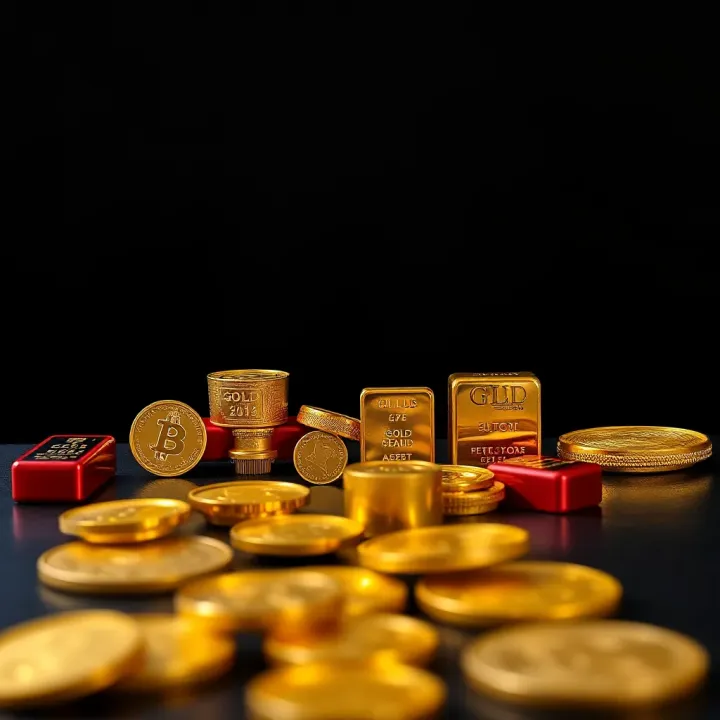 Different types of gold bars and coins displayed on a dark background