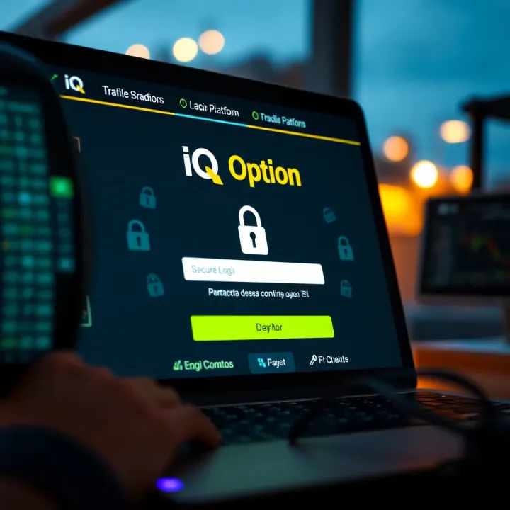 Secure login interface of IQ Option with encryption symbols